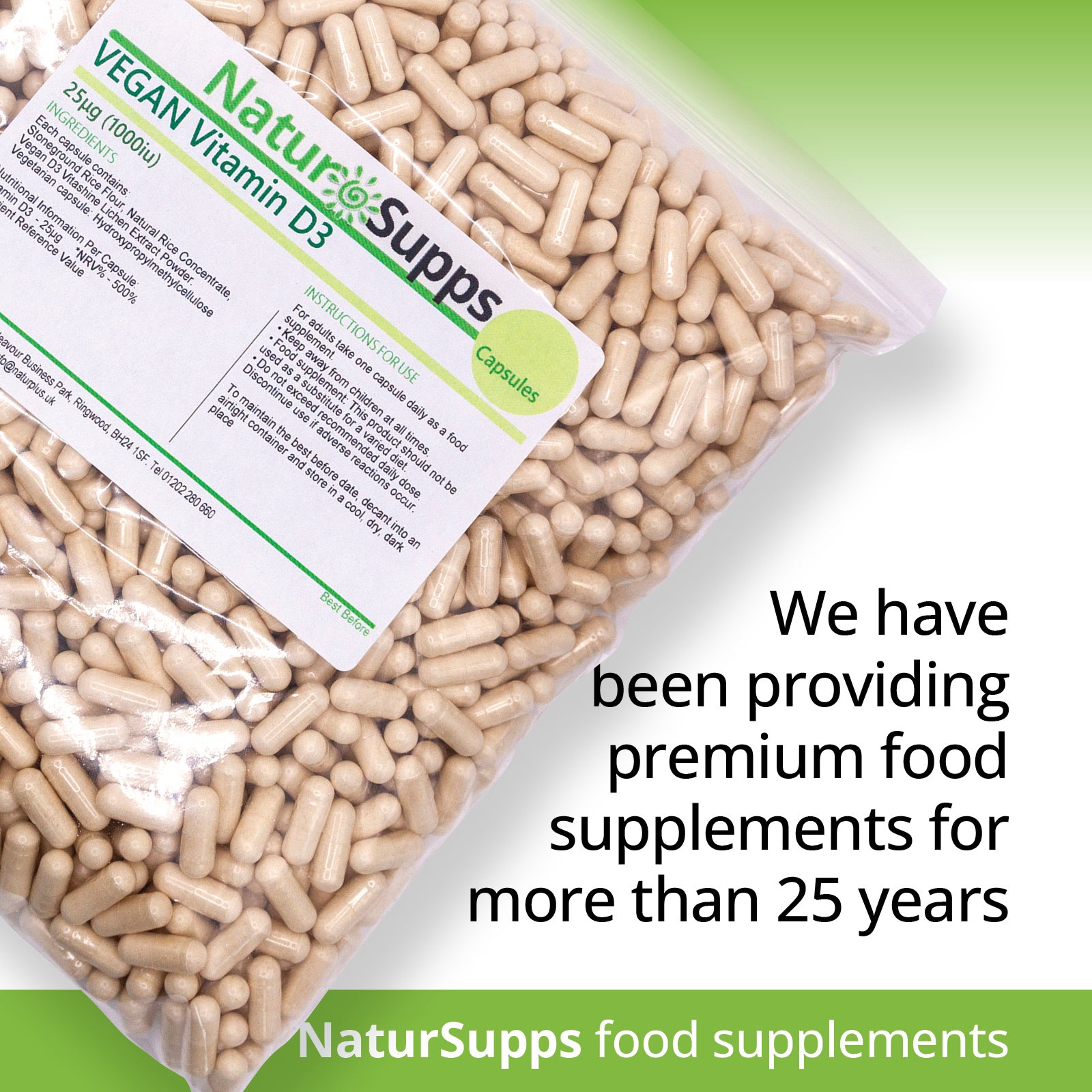 Vitamin D3 1000iu Vegan Capsules - Vitamin D Supplements for Bones, Teeth & Immune System