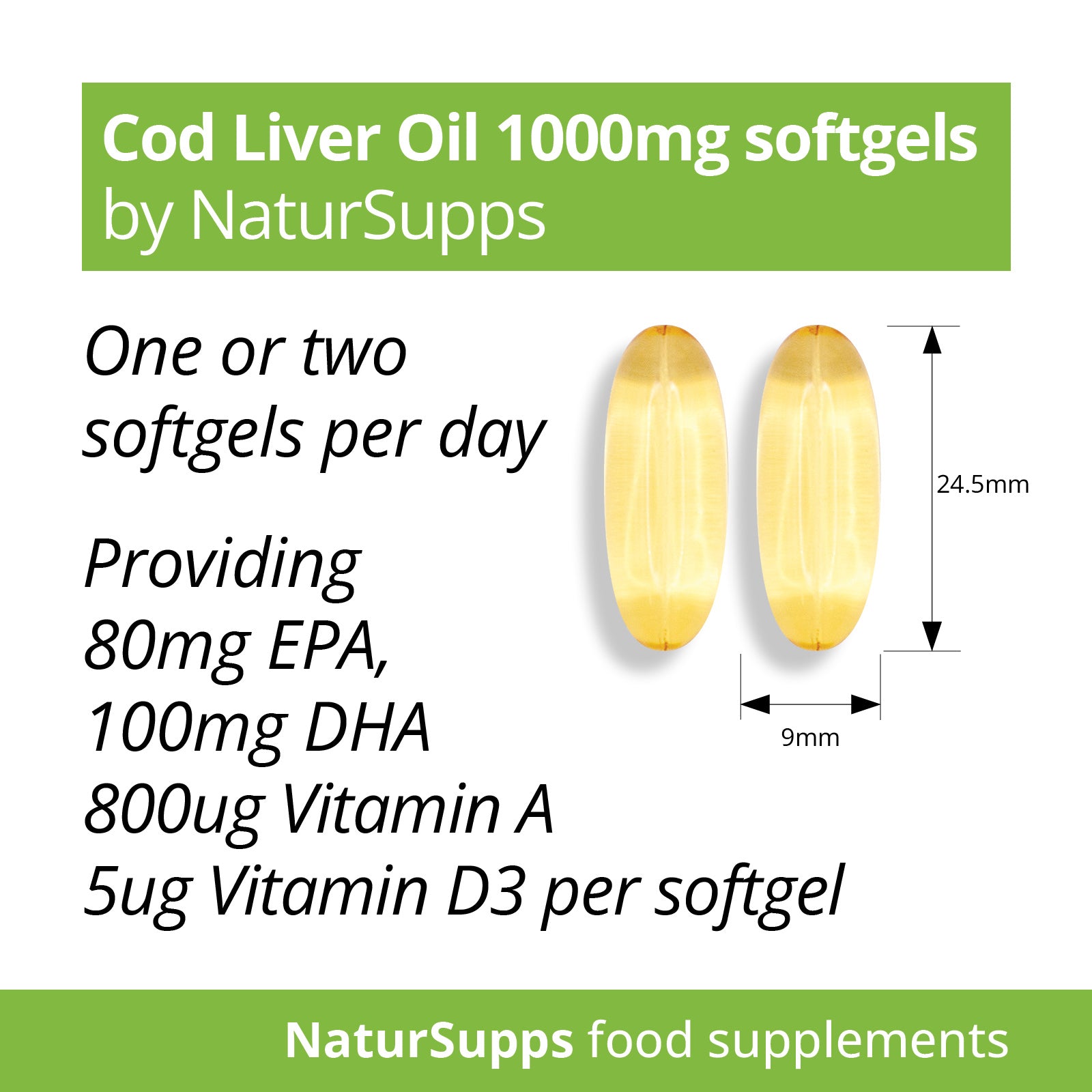 Cod Liver Oil 1000mg Softgel Capsules, High Strength Omega 3 Fatty Acids EPA & DHA with Vitamins A and D
