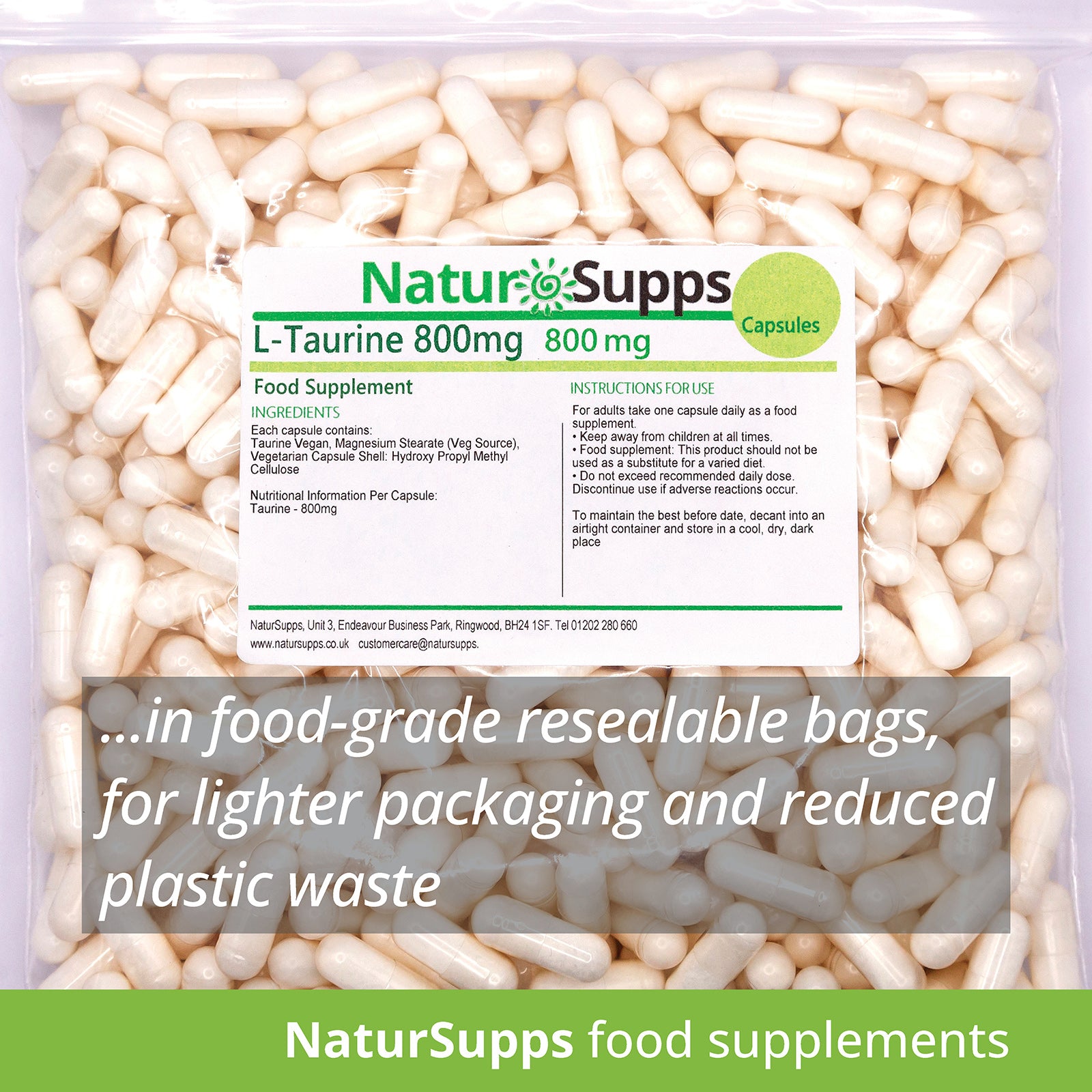 Taurine Capsules High Strength Amino Acid Taurine Supplement 800mg Vegan