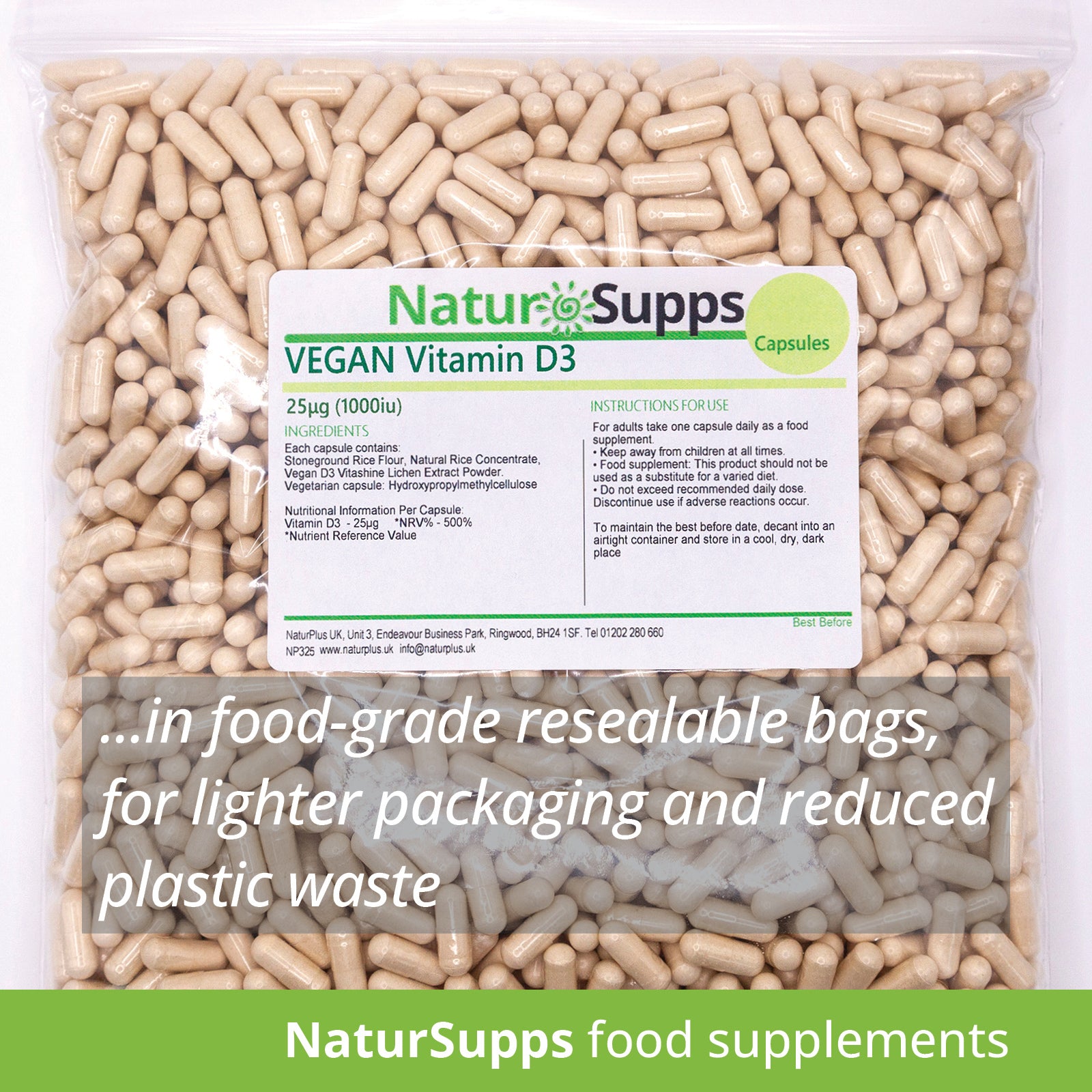 Vitamin D3 1000iu Vegan Capsules - Vitamin D Supplements for Bones, Teeth & Immune System