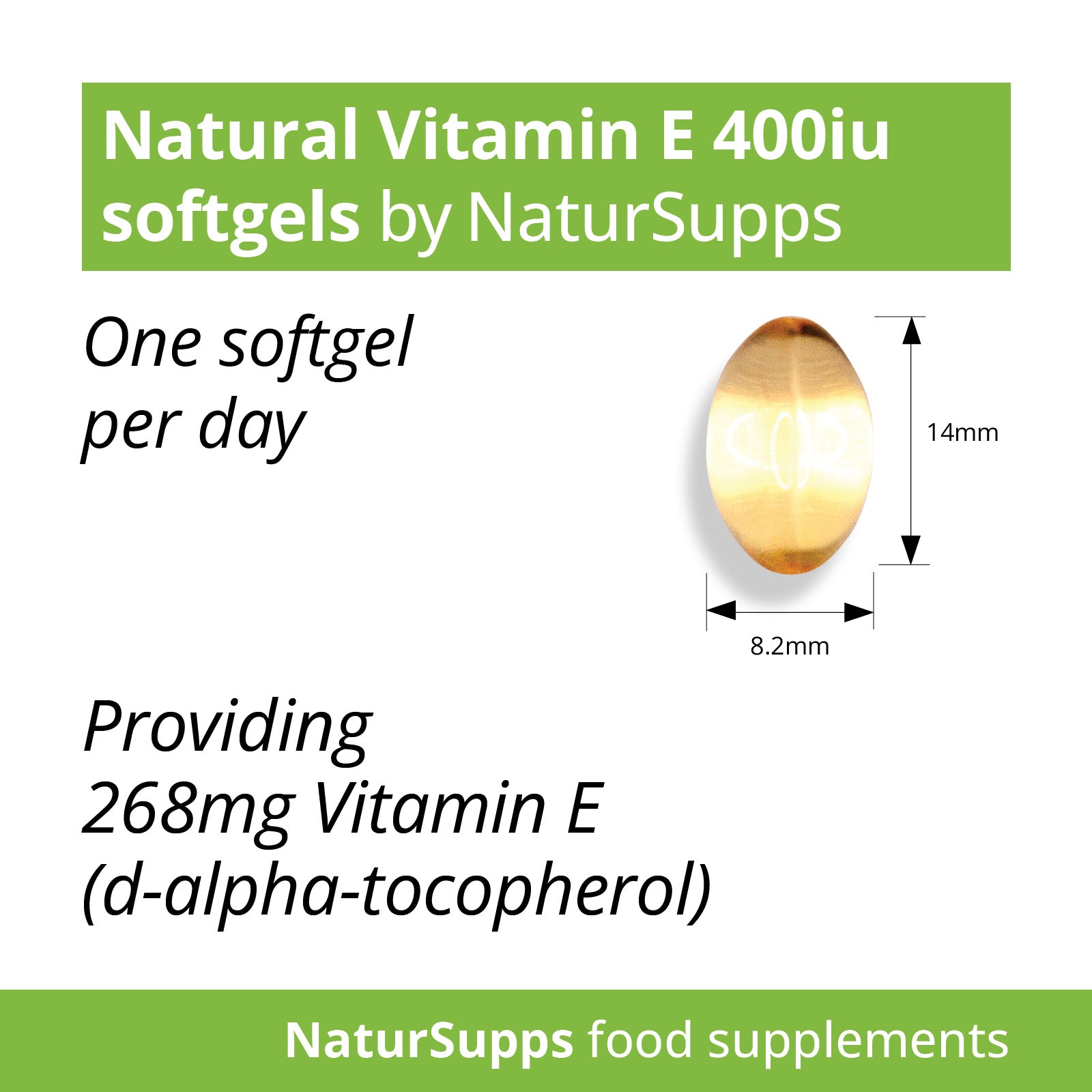 Vitamin E 400iu Capsules, All Natural Source Vitamin E Oil in Rapid Absorption, Easy to Swallow Softgels